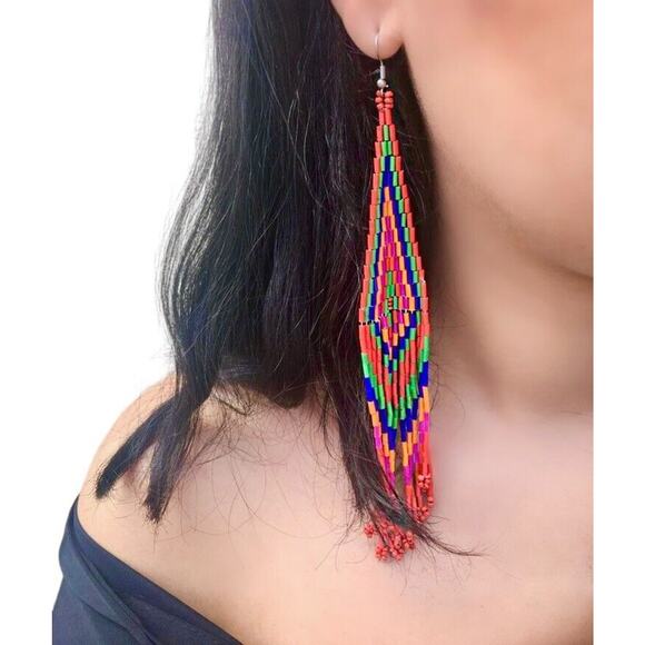 LESSisRARE Jewelry - LESSisRARE Native American Indian Beaded Extra Long Fringe Tassel Earrings NEW
